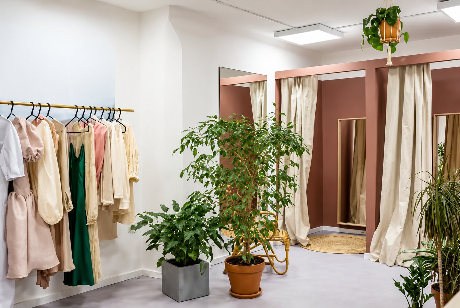 Intérieur lumineux d'une boutique de vêtements avec un portant de robes claires, des cabines d'essayage aux rideaux beiges et des plantes vertes.