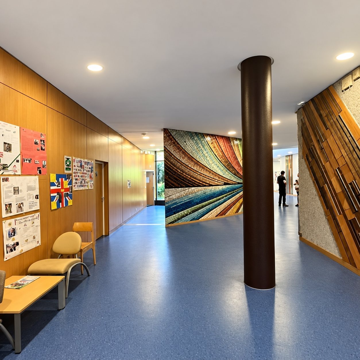 Un large couloir au sol bleu avec des murs en bois couverts d'affiches, une colonne brune et une grande fresque ondulée colorée au fond.