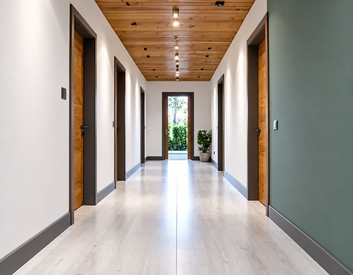 Un long couloir moderne au plafond en lambris de bois, aux murs blancs et verts et au sol clair, menant à une porte vitrée donnant sur un jardin.
