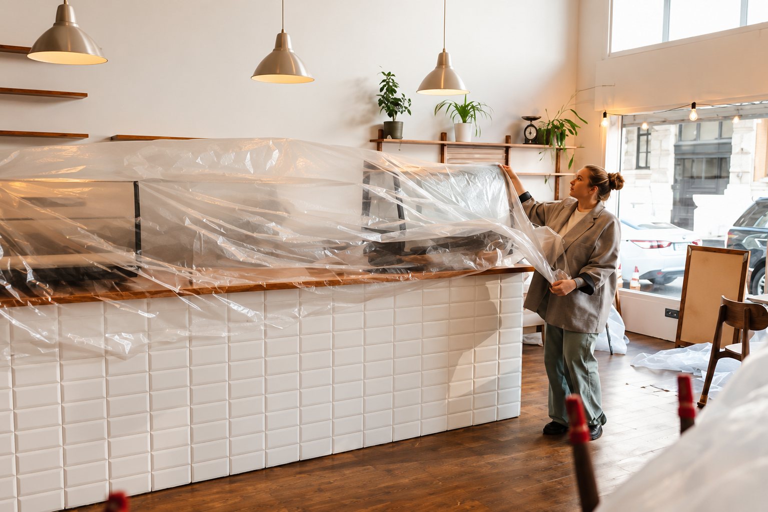 Une femme recouvre un comptoir en carrelage blanc d'une bâche transparente dans un local lumineux avec suspensions et plantes.
