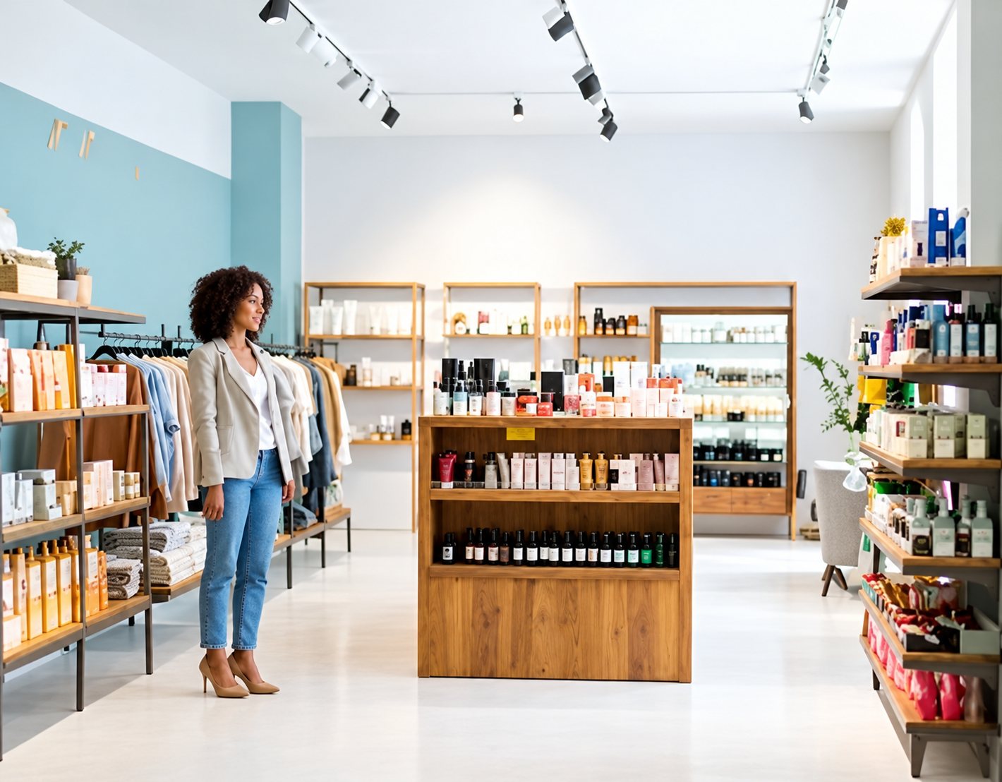 Une femme aux cheveux bouclés, en blazer beige et jean, se tient dans une boutique claire avec des étagères en bois remplies de produits et de vêtements.