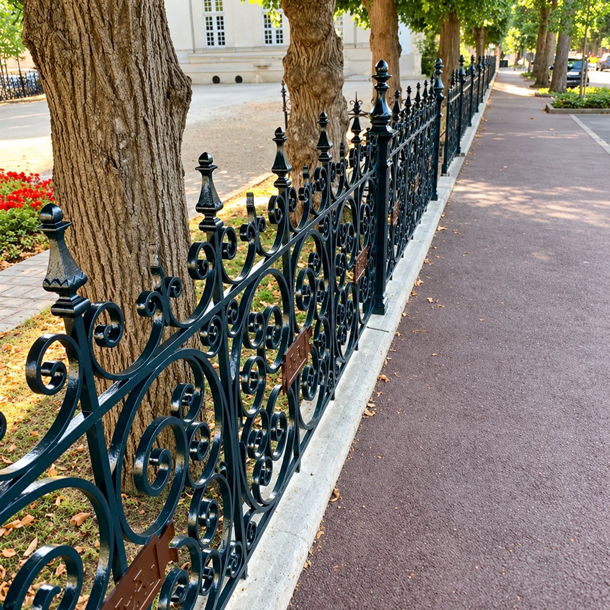 Une grille ornementale en fer forgé vert foncé aux volutes élégantes borde une allée en bitume rouge, sous de grands arbres.