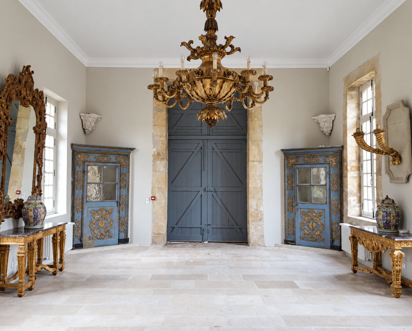 Un grand hall en pierre aux murs clairs, avec un lustre doré, une grande porte grise, deux portes peintes bleues et dorées et des consoles dorées.