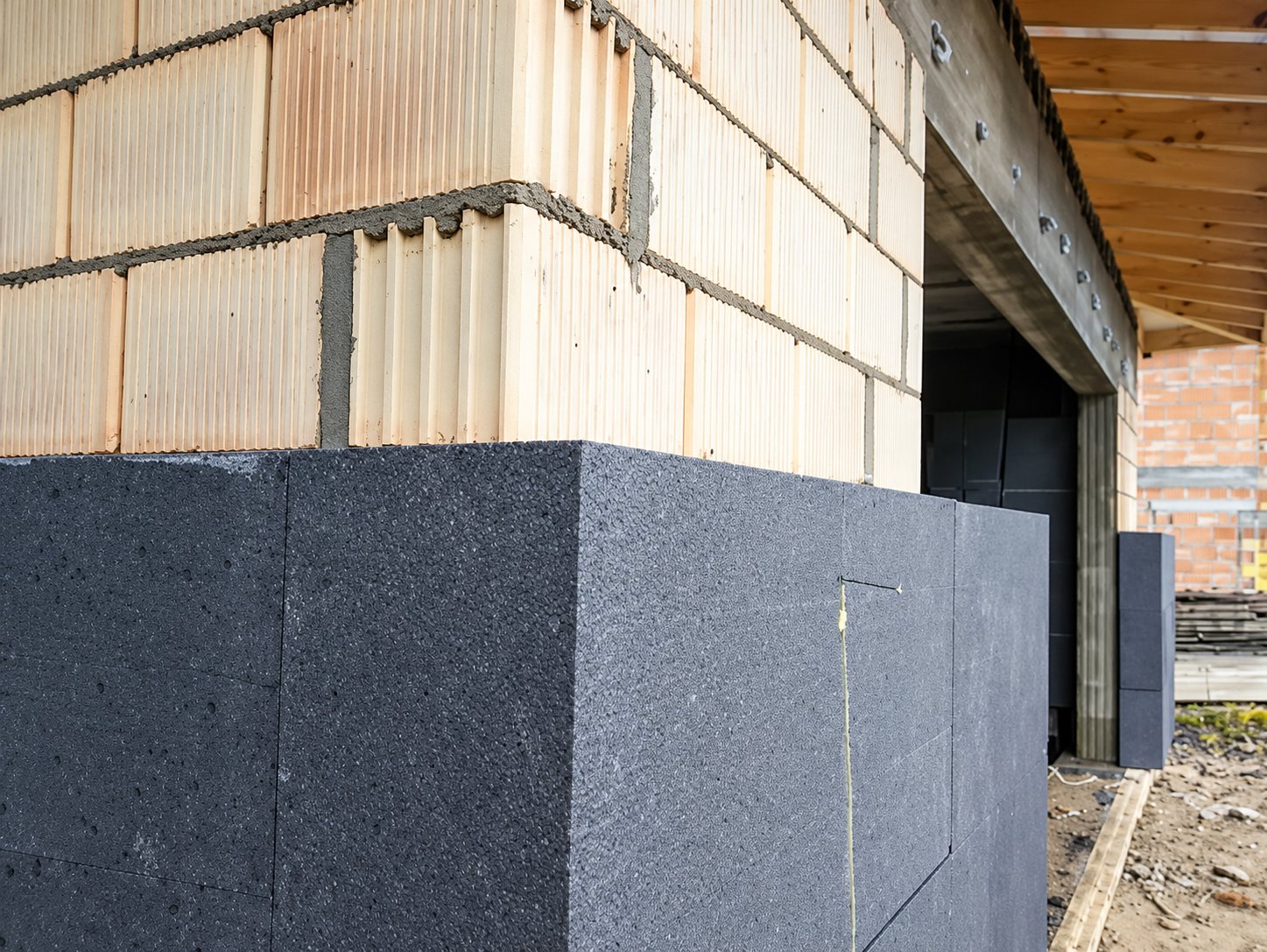 Angle d'un bâtiment en construction dont le soubassement en briques alvéolées est recouvert de panneaux isolants gris foncé.