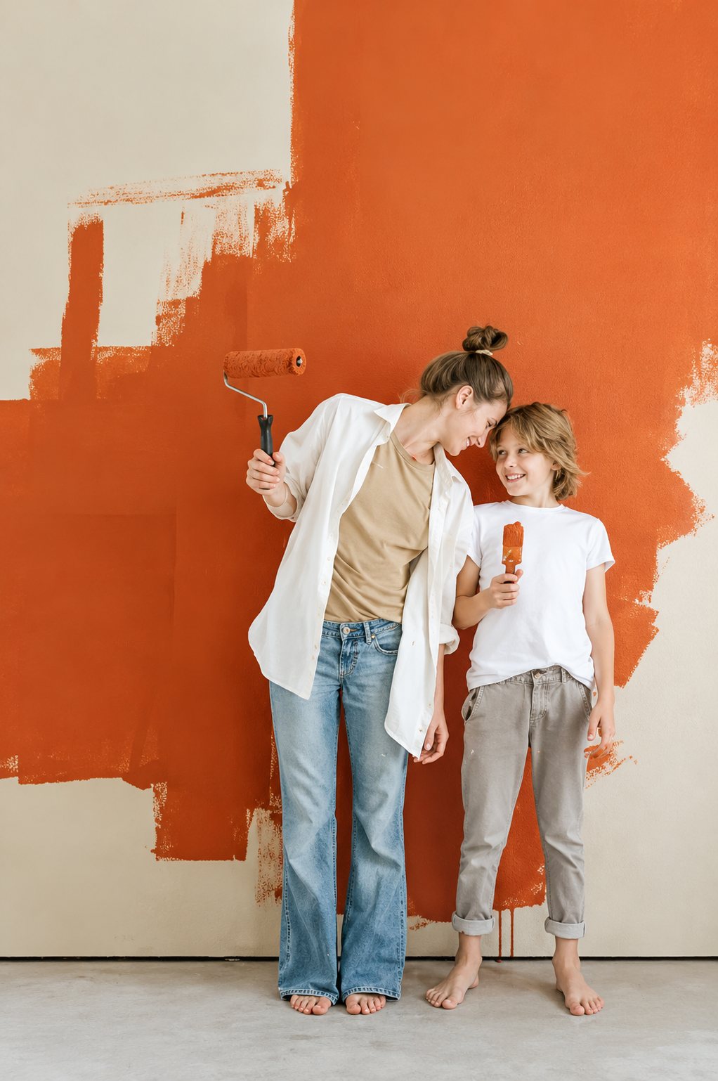 Une femme et un enfant souriants posent devant un mur partiellement peint en orange, pinceaux à la main.