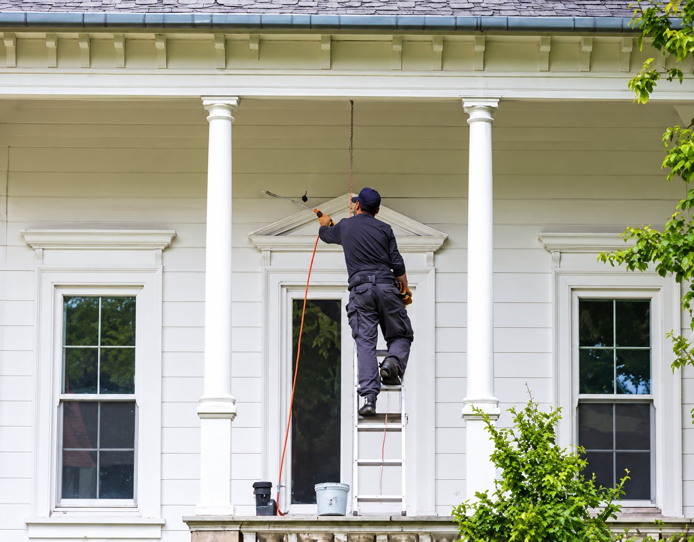 Un peintre en vêtements sombres, debout sur une échelle, travaille sur la façade blanche d'une maison avec un porche à colonnes.