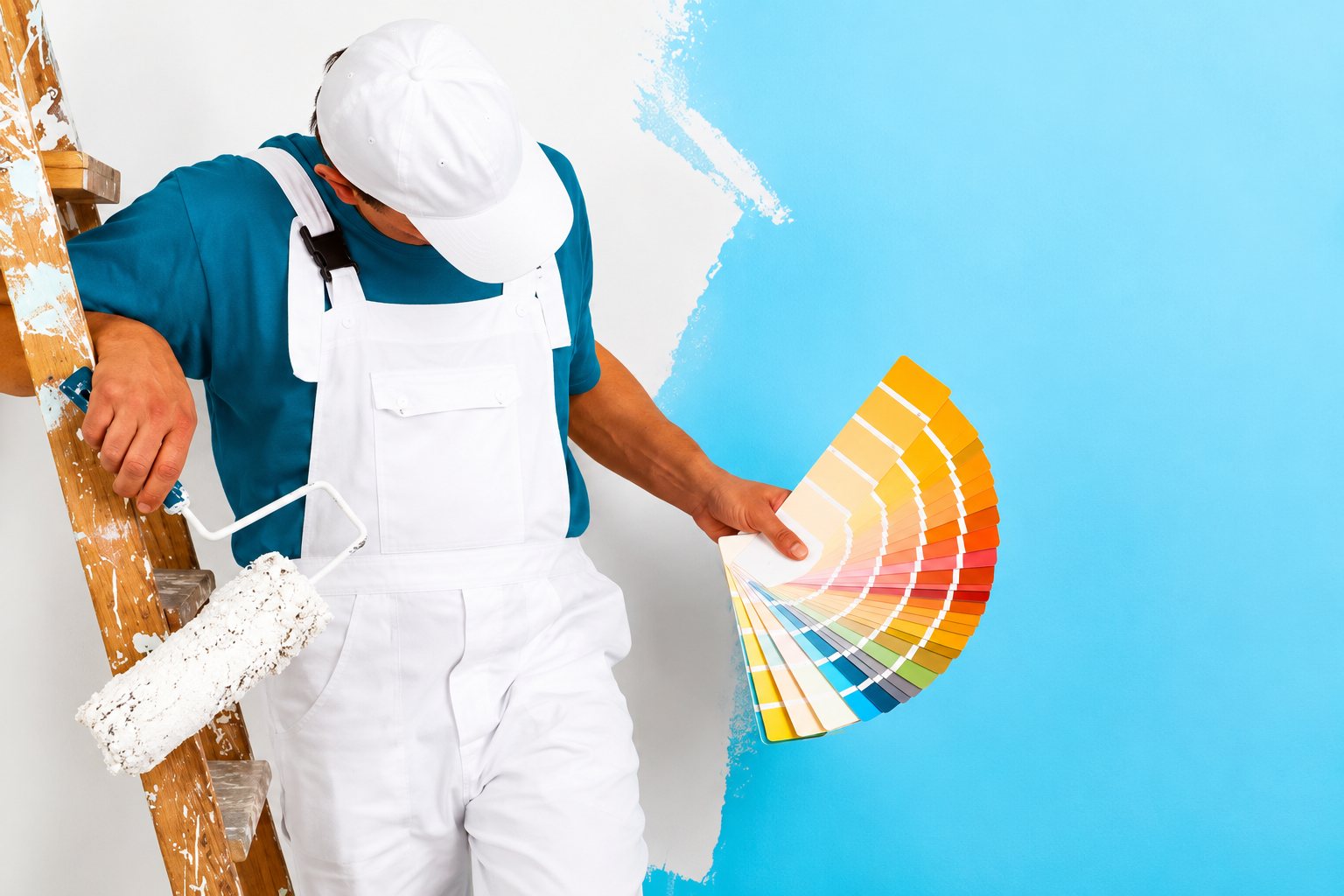 Un peintre en salopette blanche tient un nuancier de couleurs près d'une échelle et d'un rouleau, devant un mur à moitié peint en bleu.