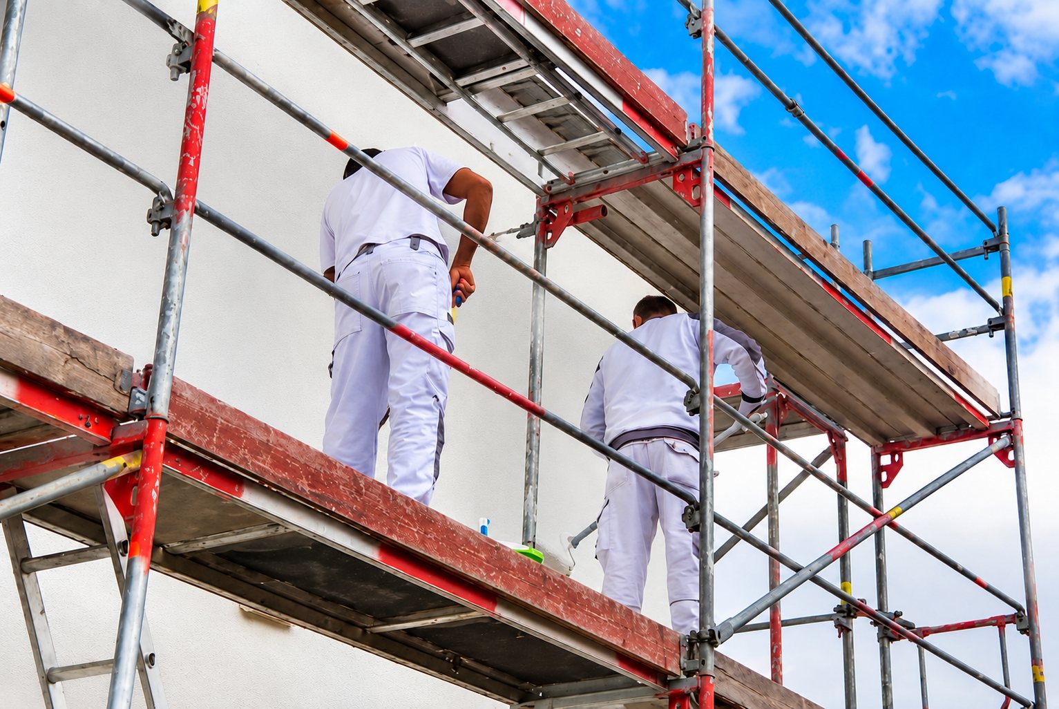 Deux ouvriers en tenue blanche travaillent sur un échafaudage pour peindre ou enduire la façade d'un bâtiment sous un ciel bleu.