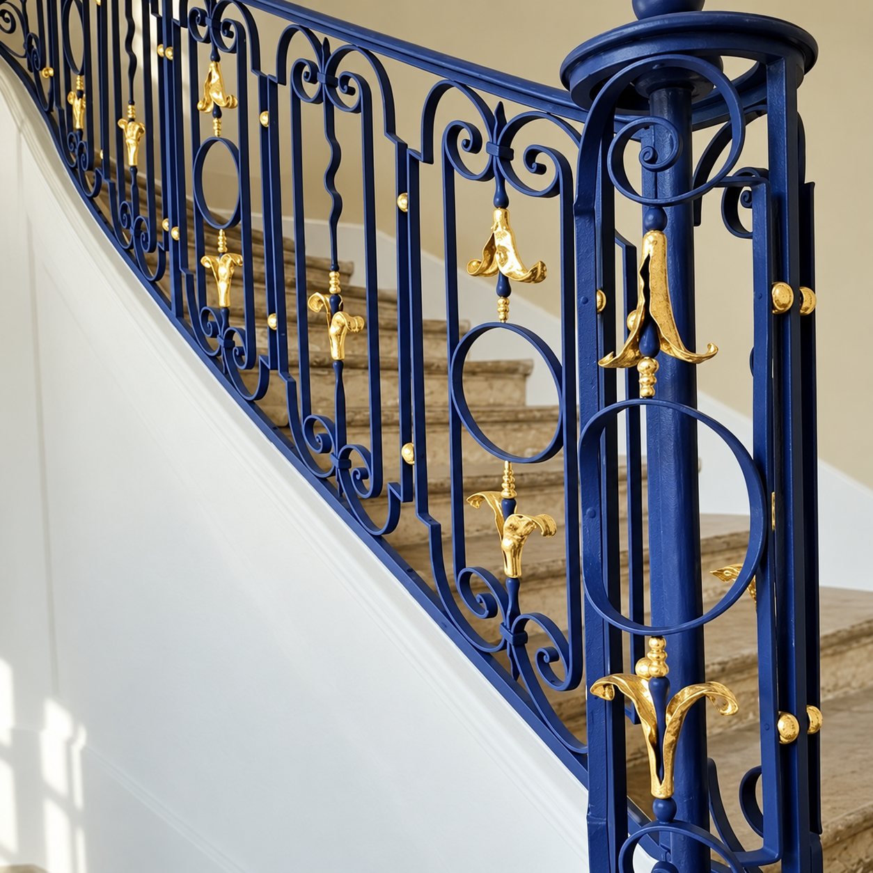 Rampe d'escalier en fer forgé peint en bleu, ornée de motifs dorés, le long d'un escalier en pierre.