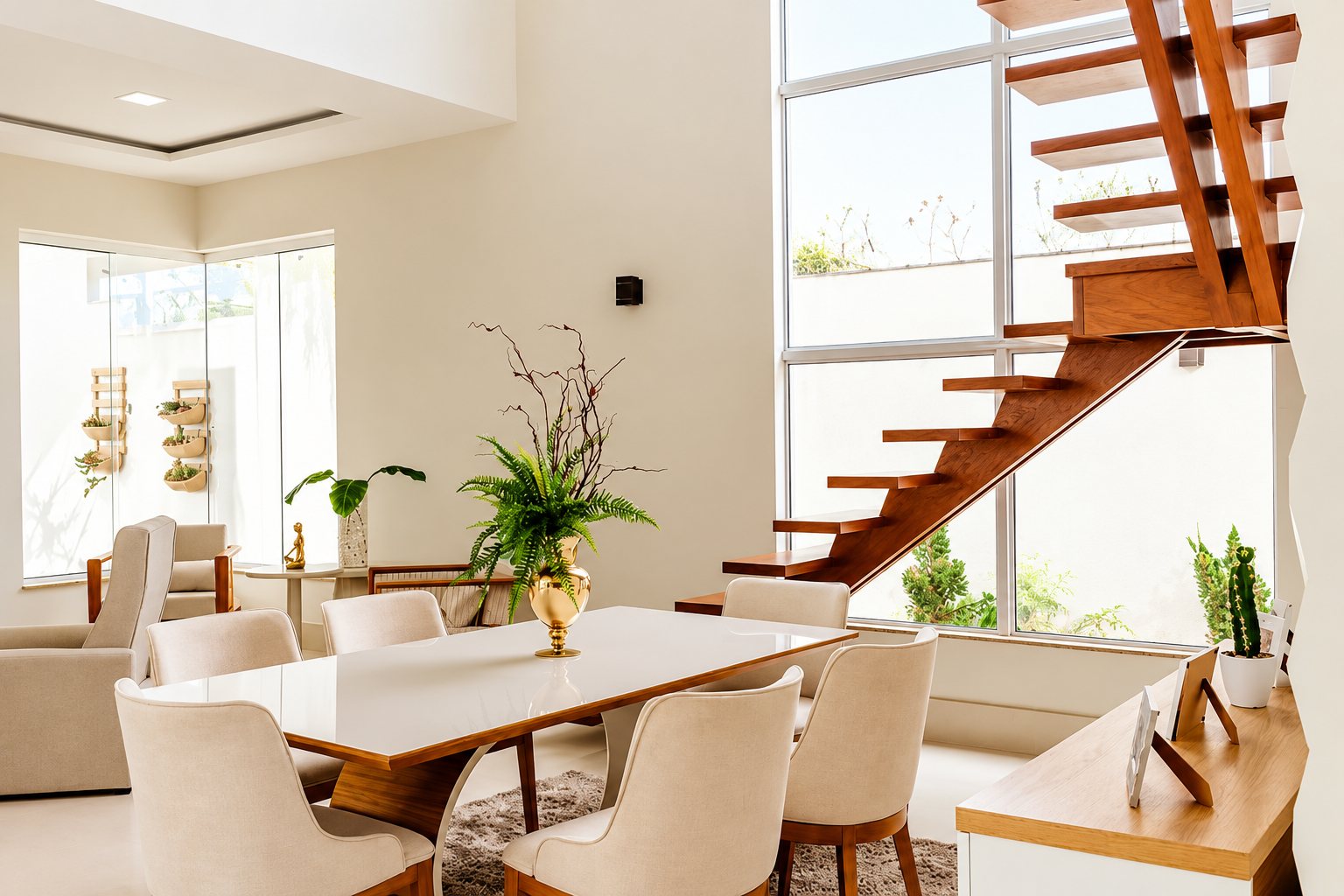 Une salle à manger moderne et lumineuse avec table blanche, chaises beiges, fougère dans un vase doré et escalier en bois devant une grande baie vitrée.