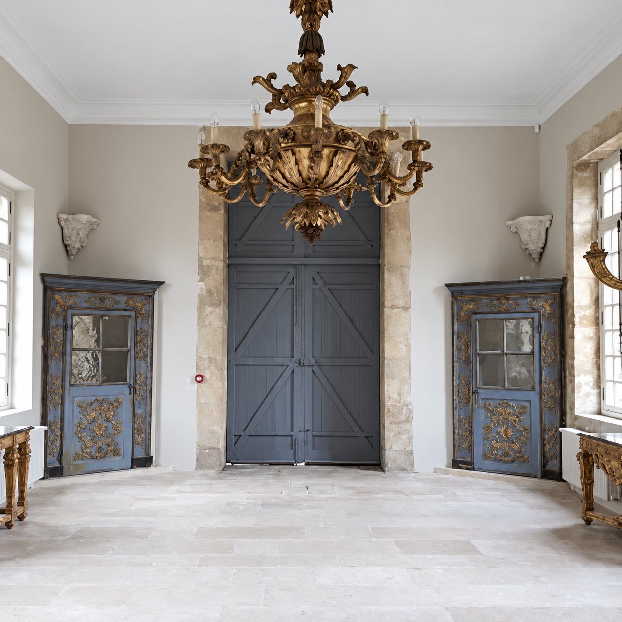 Une grande salle claire au sol en pierre, avec un lustre doré suspendu, une haute porte à double battant grise et deux armoires d'angle anciennes peintes en bleu.
