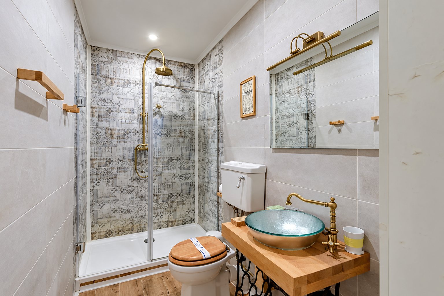 Salle de bain de style rétro avec une douche à l'italienne aux carreaux motifs gris, des robinetteries en laiton, une vasque en verre sur un plan en bois et des WC à réservoir haut.