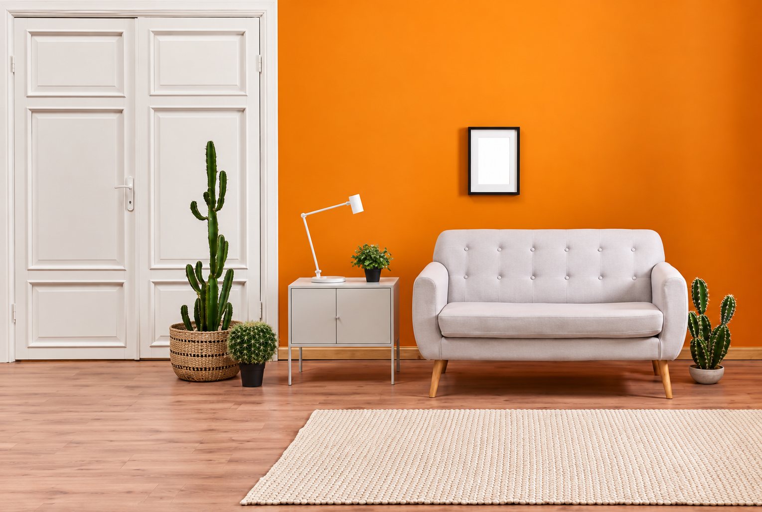 Un salon lumineux avec un canapé gris à boutons devant un mur orange, une table d'appoint avec lampe, des cactus en pot et un grand tapis beige sur un parquet clair.