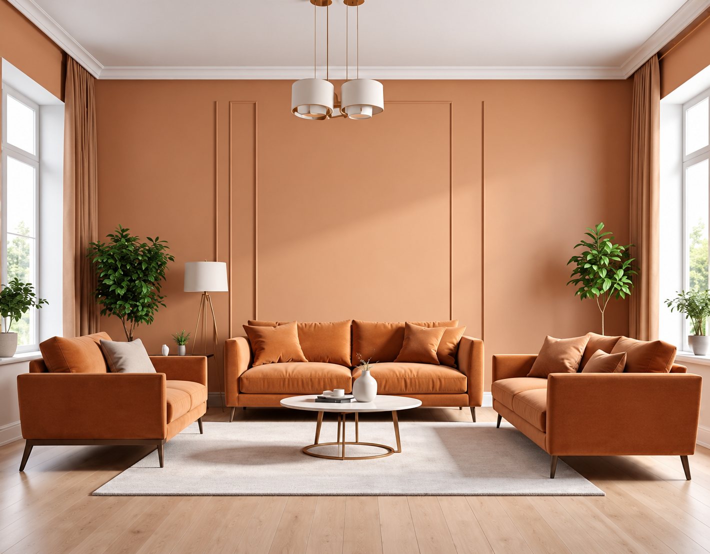 Un salon lumineux aux murs terracotta meublé de deux canapés et de deux fauteuils orange autour d'une table basse ronde sur un tapis clair.