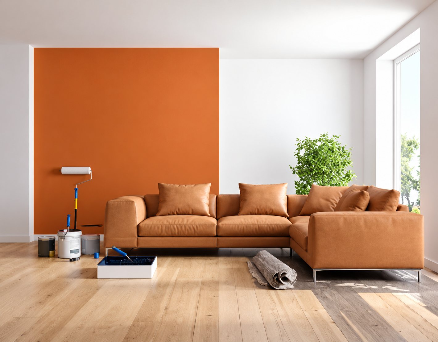 Salon lumineux avec un mur peint en orange, un grand canapé d'angle en cuir, du matériel de peinture posé au sol et un parquet clair.