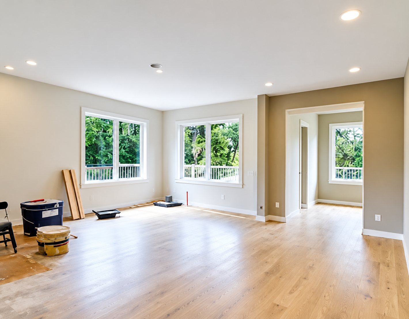 Grande pièce vide aux murs beige et taupe avec parquet clair neuf, grandes fenêtres donnant sur des arbres et du matériel de chantier posé au sol.